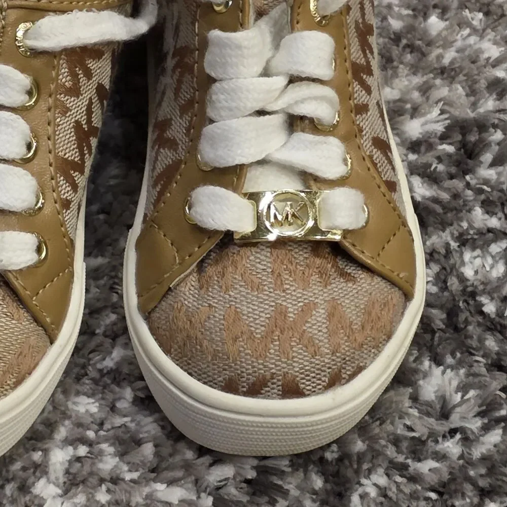 Michael Kors Girls Tan Monogram Logo Sneakers - Size 6
